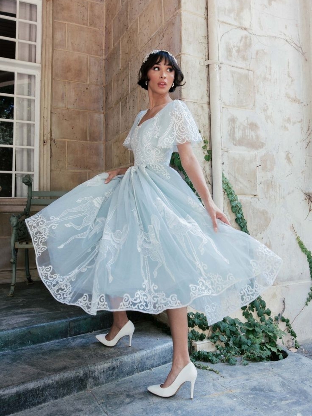 Jessakae Carriage Carousel Horse Sky Blue & White Lace Midi Dress Size XXS